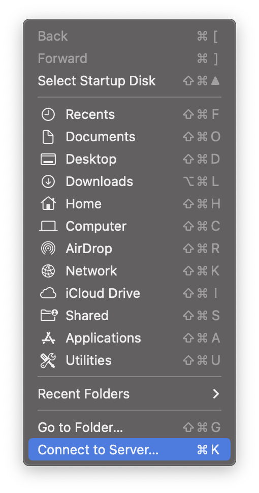osx menu for connecting to dartfs